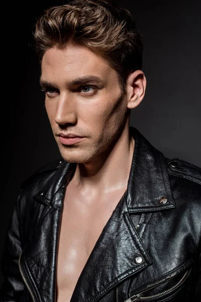 Sexy Young Man Biker Jacket Looking Away Black Background — Stock Photo, Image