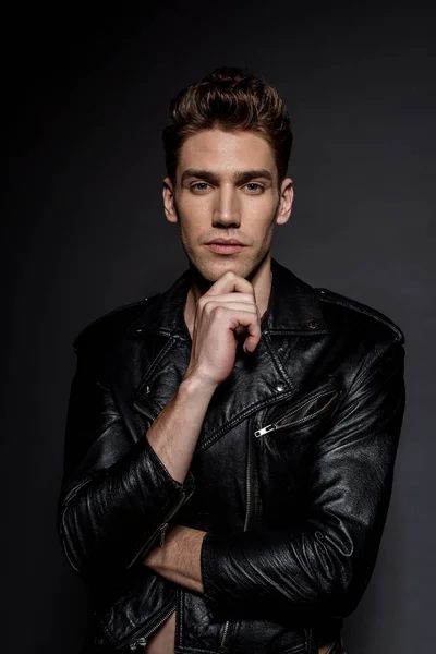 Handsome Sexy Young Man Biker Jacket Touching Chin Black Background — Stock Photo, Image