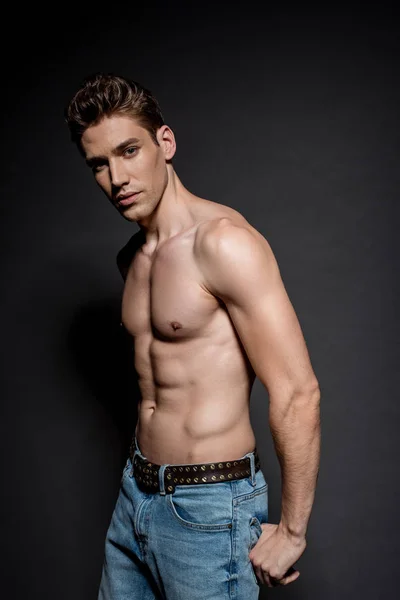 Sexy Young Man Muscular Torso Jeans Posing Black Background — Stock Photo, Image