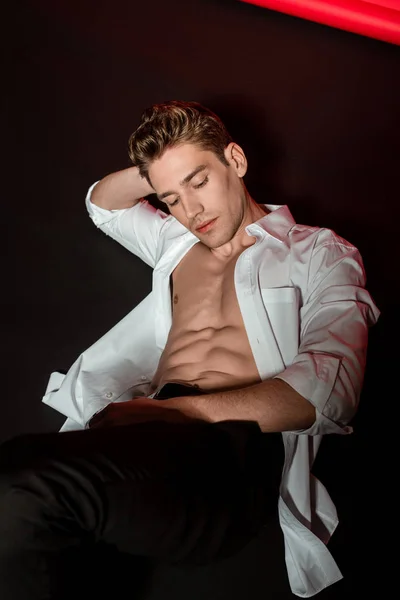 Sexy Young Elegant Man Unbuttoned Shirt Muscular Bare Torso Lying — Stock Photo, Image