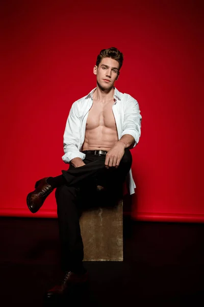 Sexy Young Elegant Man Unbuttoned Shirt Muscular Bare Torso Posing — Stock Photo, Image