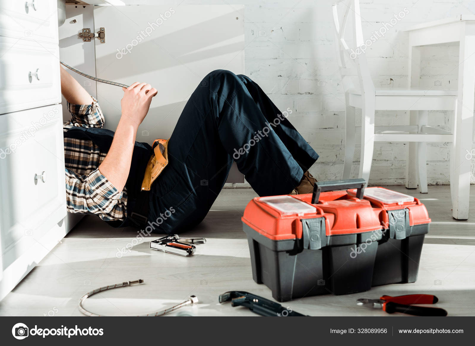 Cropped View Installer Lying Floor Tool Box Stock Photo by