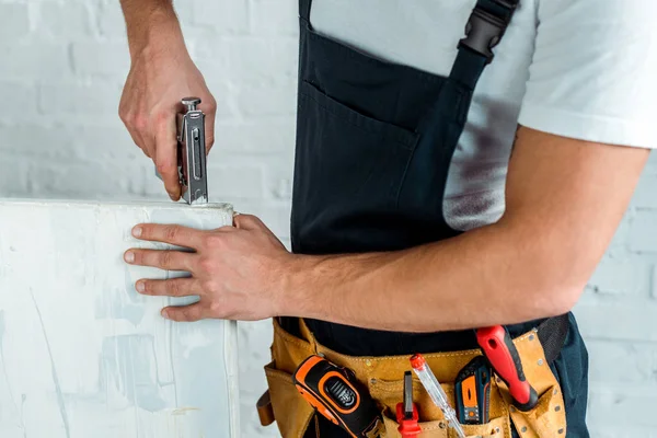 Cropped View Installer Holding Construction Stapler Painting — Stock Photo, Image