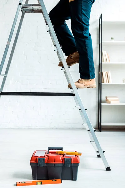 Beskärd Arbetstagare Klätterstege Nära Verktygslåda — Stockfoto