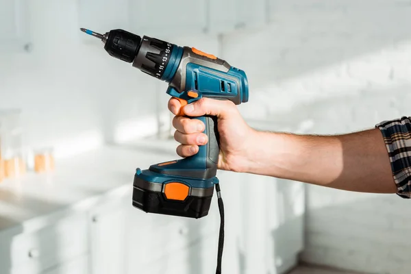 Cropped View Installer Holding Hammer Drill Hand — 스톡 사진