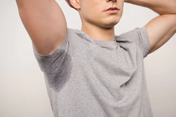 Cropped View Young Man Grey Shirt Sweaty Underarm Isolated Grey — Stock Photo, Image