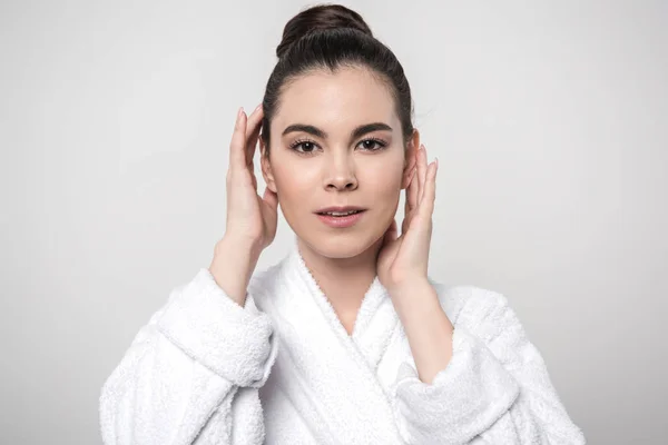 Beautiful Woman Bathrobe Touching Face While Looking Camera Isolated Grey — 스톡 사진