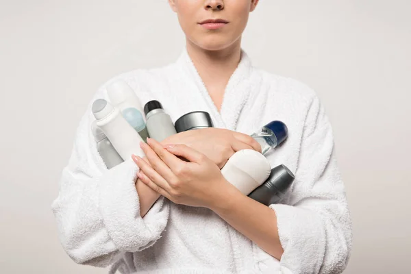 Vista Parziale Della Donna Accappatoio Contenente Diversi Deodoranti Isolati Grigio — Foto Stock