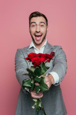 Yakışıklı, heyecanlı adam bağırıyor ve elinde pembe güller tutuyordu.