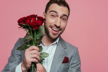 heycanlı takım elbiseli yakışıklı adam elinde güller, pembe üzerinde soyutlanmış