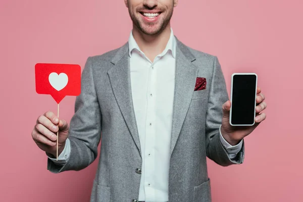 Cropped View Man Holding Smartphone Blank Screen Card Heart Valentines — Stock Photo, Image