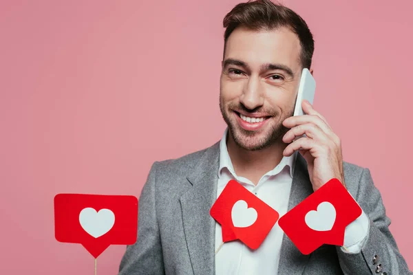 Happy Man Talking Smartphone Holding Cards Hearts Valentines Day Isolated — Stock Photo, Image