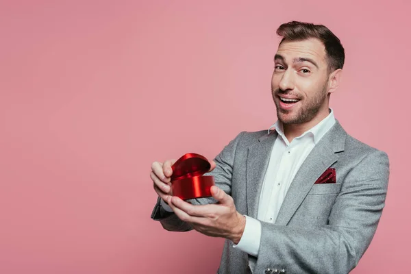 Happy Bearded Man Holding Heart Gift Box Valentines Day Isolated — Stock Photo, Image