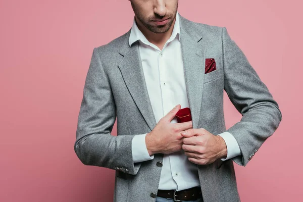 Cropped View Man Holding Proposal Box Isolated Pink — Stockfoto