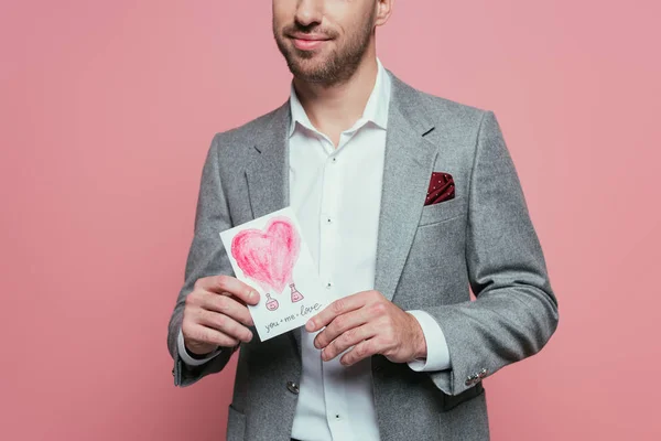 Cropped View Man Holding Valentines Day Card Heart Isolated Pink — Stock Photo, Image