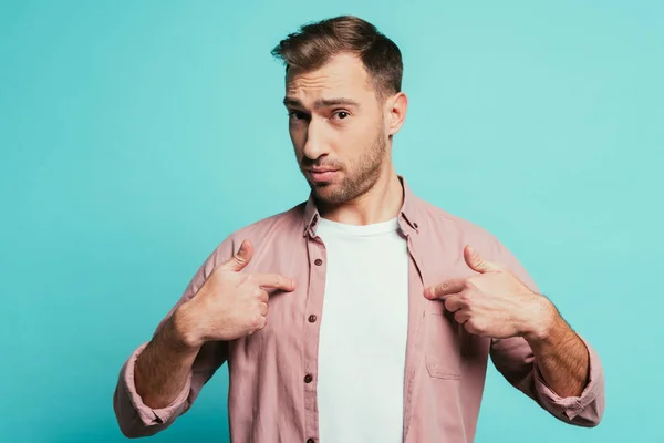 Emotional Handsome Man Pointing Himself Isolated Blue — Stock Photo, Image