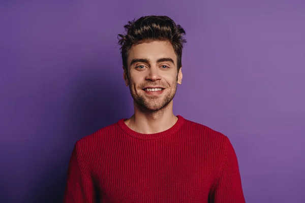 Young Handsome Man Smiling Camera Purple Background — Stock Photo, Image