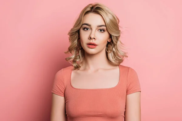 Beautiful Dreamy Girl Looking Camera Pink Background — Stock Photo, Image