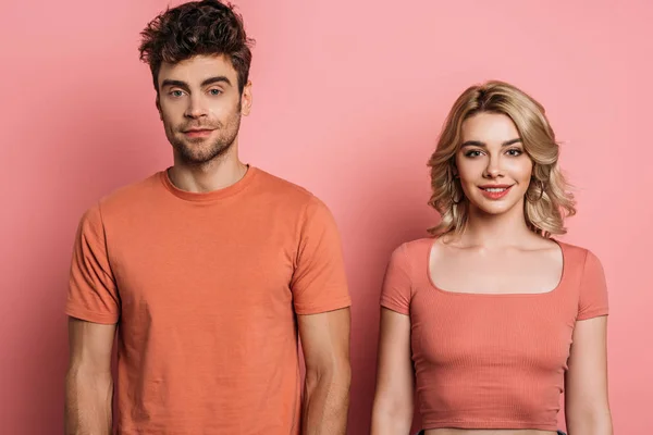 Young Positive Man Woman Looking Camera Pink Background — Stock Photo, Image