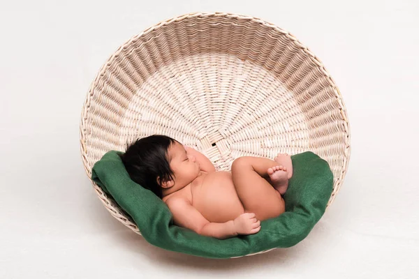 Cute Newborn Mixed Race Baby Sleeping Basket White — Stock Photo, Image