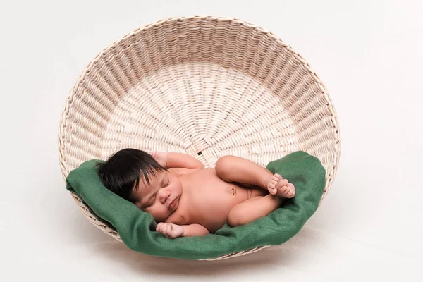 Naked Newborn Mixed Race Baby Sleeping Basket White — Stock Photo, Image