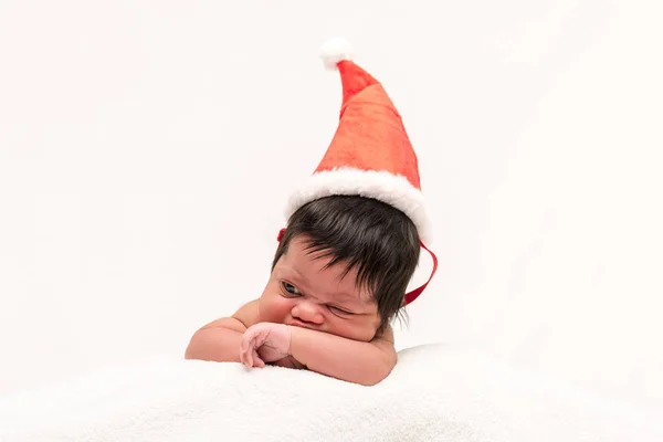 Mixed Race Newborn Baby Santa Hat Isolated White — Stock Photo, Image