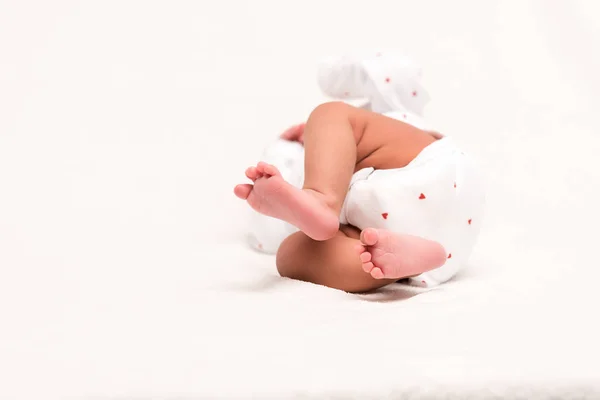 Cute Newborn Baby Romper Lying White — Stock Photo, Image