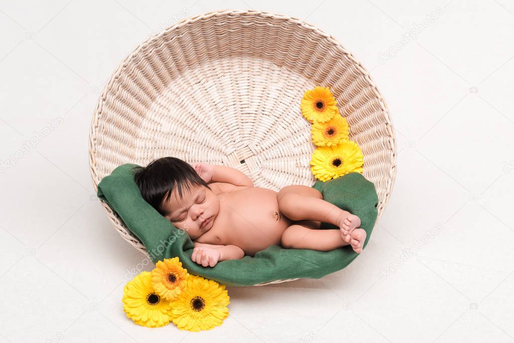 cute newborn mixed race baby sleeping in basket near flowers on white