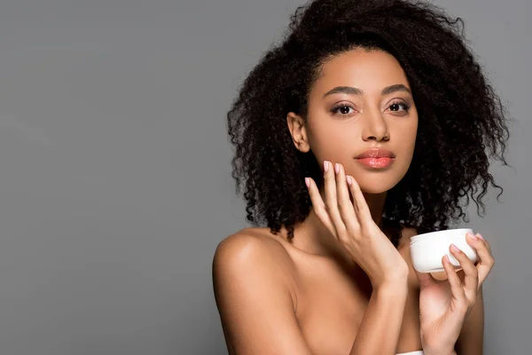 Naked African American Girl Applying Face Cream Isolated Grey — Stock Photo, Image