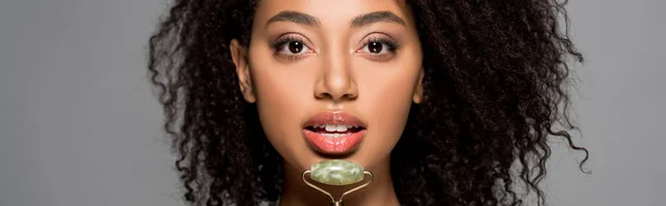 Panoramic Shot African American Girl Using Jade Roller Isolated Grey — 스톡 사진