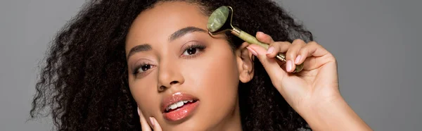 Panoramic Shot Tender African American Girl Using Jade Roller Isolated — Stock Photo, Image