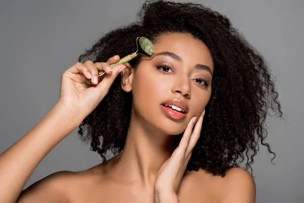 Beautiful African American Girl Using Jade Roller Isolated Grey — Stock Photo, Image