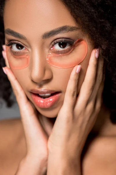African American Girl Hydrogel Eye Patches Isolated Grey — Stock Photo, Image