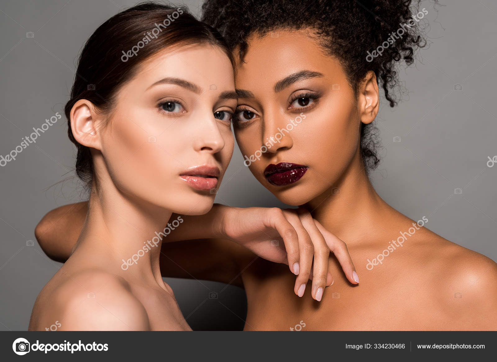 Portrait Belles Filles Multiculturelles Nues Peau Parfaite Sur Gris