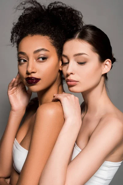 Portrait Beautiful Multiethnic Women Perfect Skin Isolated Grey — Stock Photo, Image