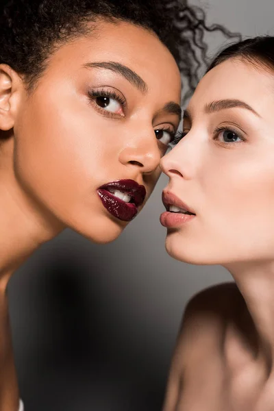 Porträt Nackter Multikultureller Mädchen Mit Perfekter Haut Auf Grau — Stockfoto