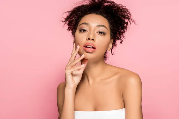 Portrait African American Girl Clean Face Isolated Pink — Stock Photo, Image