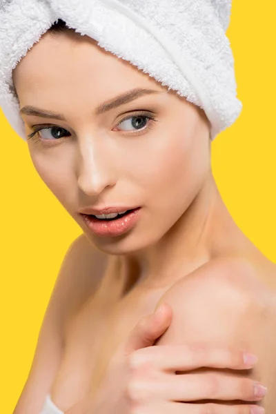 Portrait Attractive Girl Towel Head Isolated Yellow — Stock Photo, Image