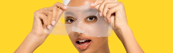 Panoramic Shot Surprised African American Girl Towel Head Applying Hydrogel — Stock Photo, Image