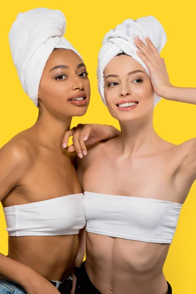 Multicultural Young Woman Towels Heads Isolated Yellow — Stock Photo, Image
