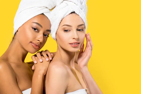 Portrait Tender Multiethnic Girls Towels Heads Isolated Yellow — Stock Photo, Image