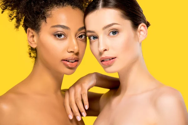 Portrait Multicultural Women Perfect Skin Isolated Yellow — Stock Photo, Image