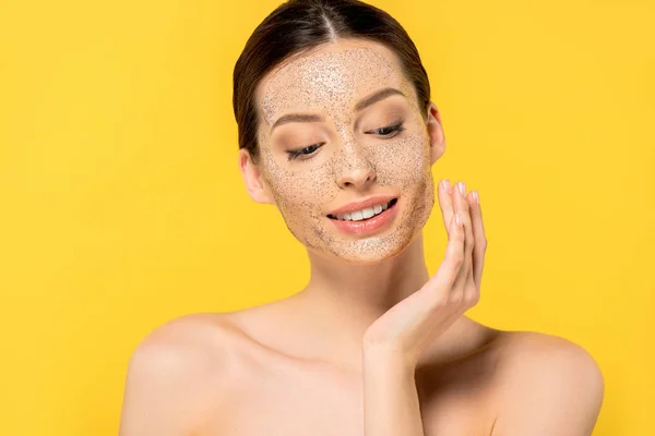 Portrait Happy Nude Girl Applying Mask Isolated Yellow — ストック写真