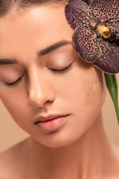 Orchid Girl Problem Skin Closed Eyes Isolated Beige — Stock Photo, Image