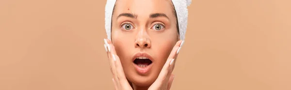 Panoramic Shot Shocked Woman Touching Face Isolated Beige — Stock Photo, Image