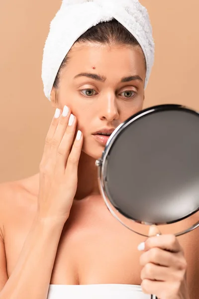 Selective Focus Young Woman Pimple Face Looking Mirror Isolated Beige — Stock Photo, Image