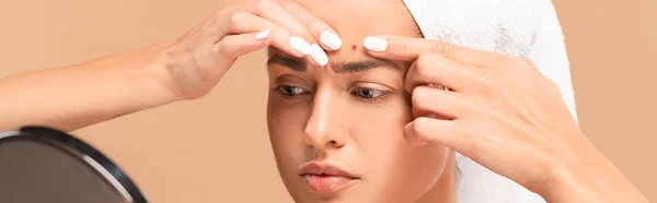Panoramic Shot Young Woman Towel Squeezing Pimple Looking Mirror Isolated — Stock Photo, Image