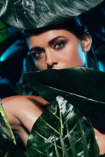 Yüzü Yeşil Yapraklarla Kaplı Genç Bir Kadın — Stok fotoğraf
