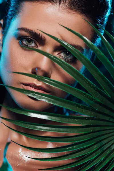 Young Attractive Woman Covering Face Palm Leaf — Stock Photo, Image