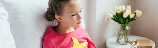 Panoramic Shot Adorable Kid Reading Book While Sitting Bed — Stock Photo, Image